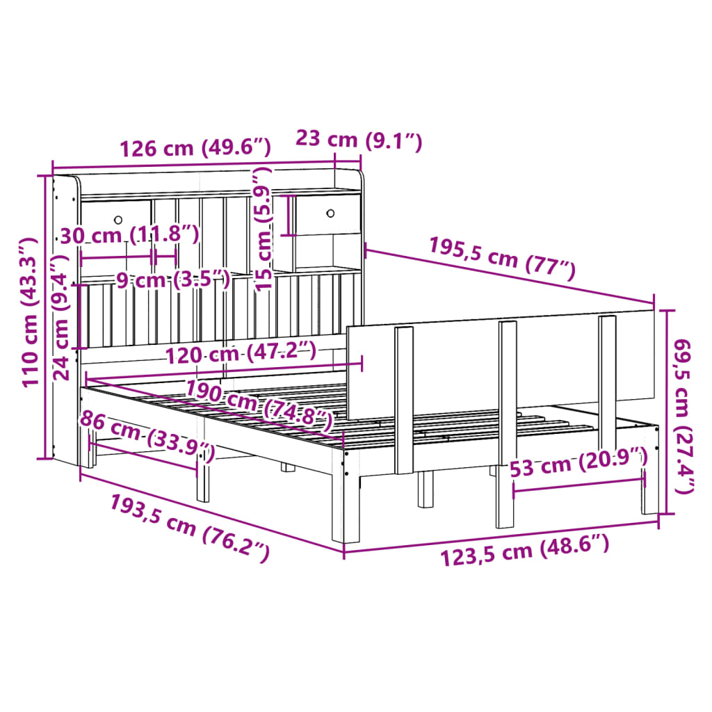 vidaXL Cama con estantería sin colchón madera maciza blanca 120x190 cm