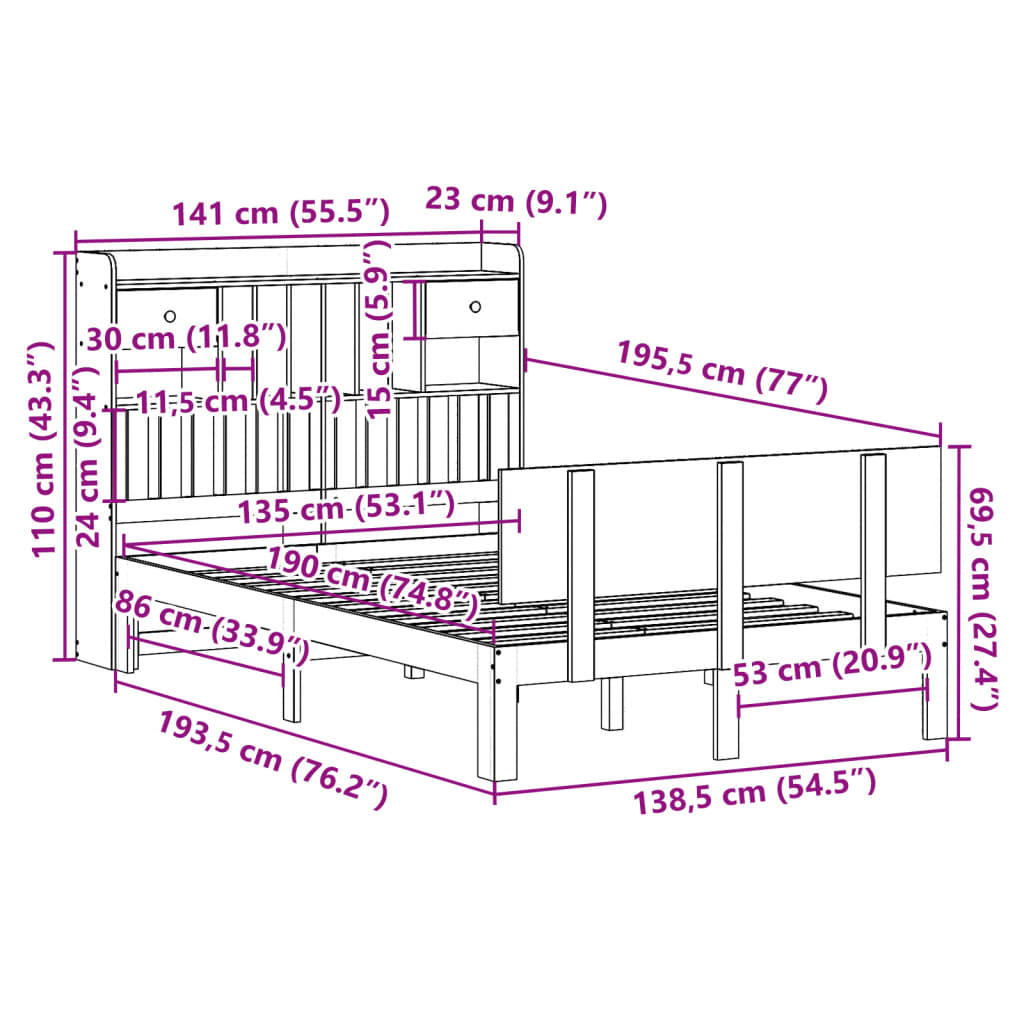 vidaXL Cama con estantería sin colchón madera maciza de pino 135x190cm