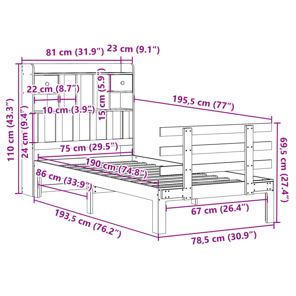 vidaXL Cama con estantería sin colchón madera maciza blanca 75x190 cm