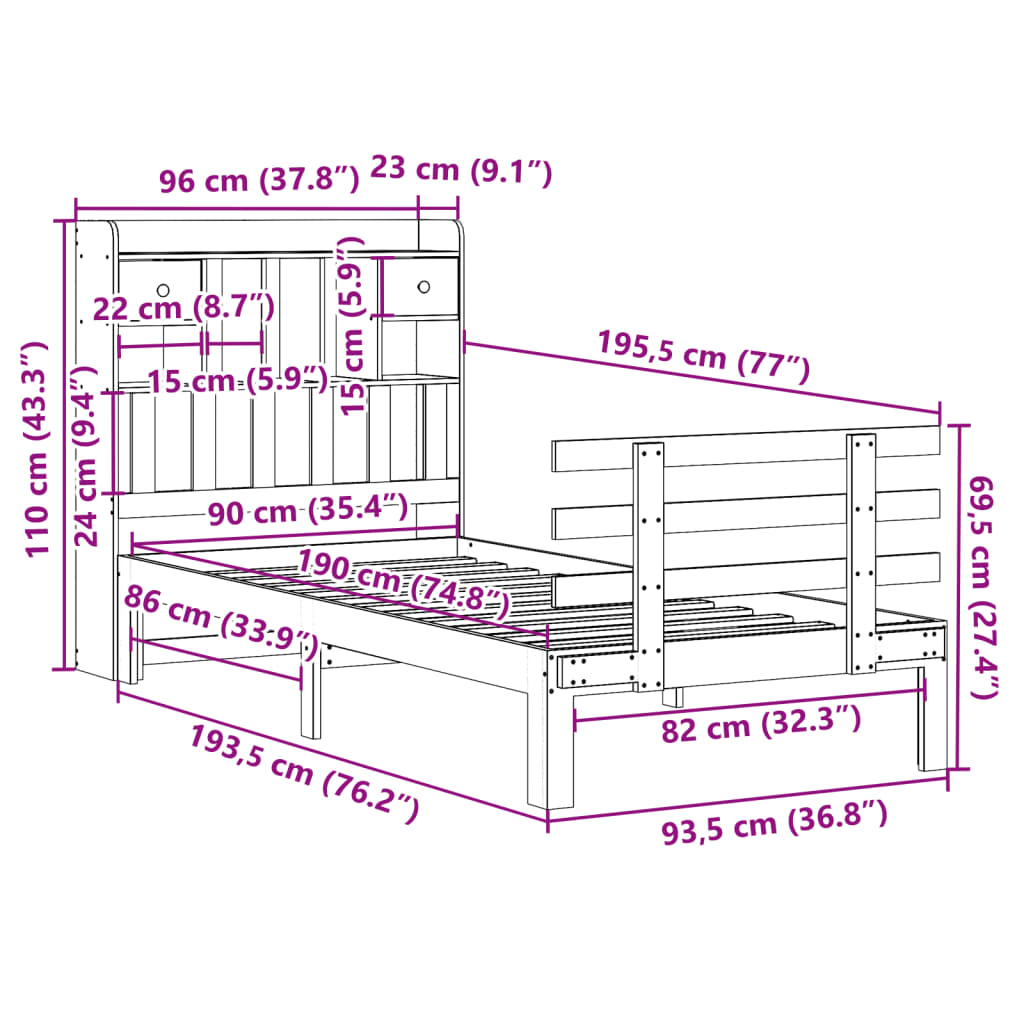 vidaXL Cama con estantería sin colchón madera maciza de pino 90x190 cm