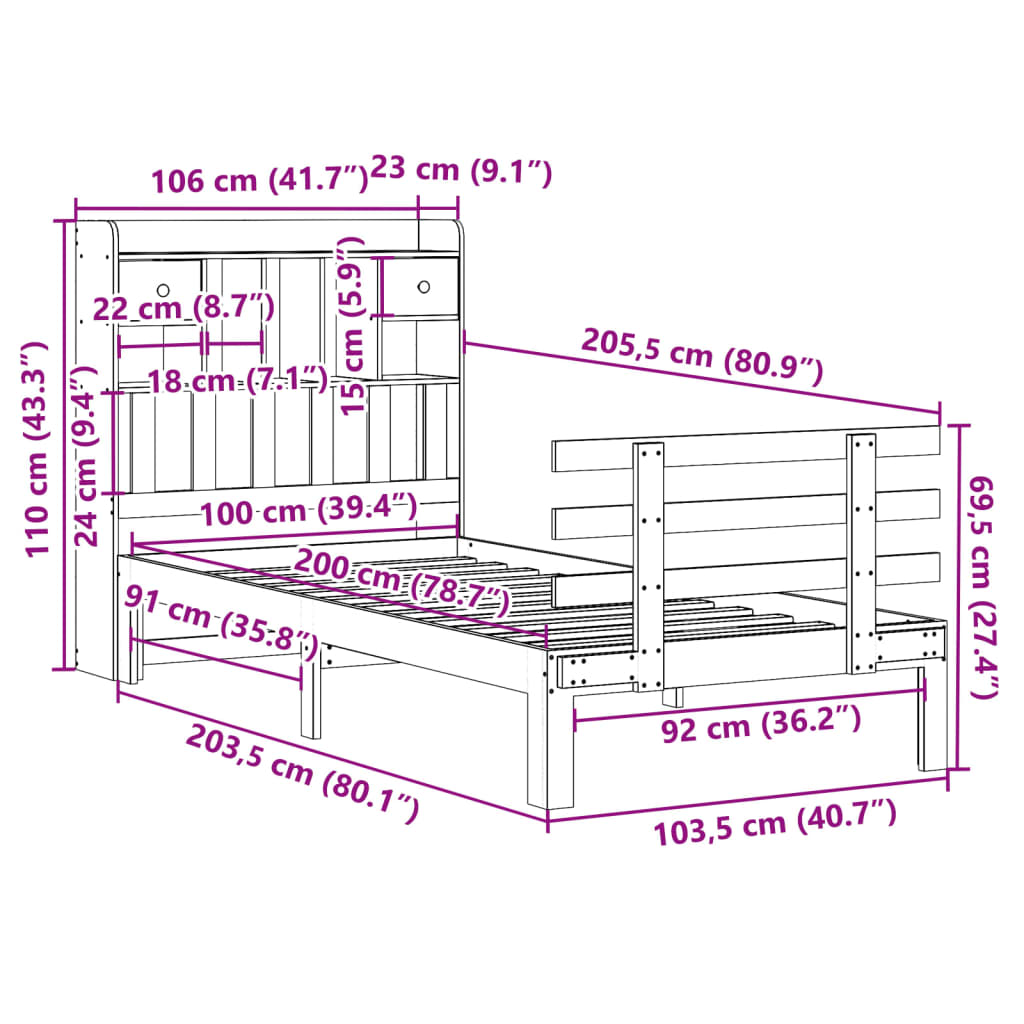 vidaXL Cama con estantería sin colchón madera maciza de pino 100x200cm