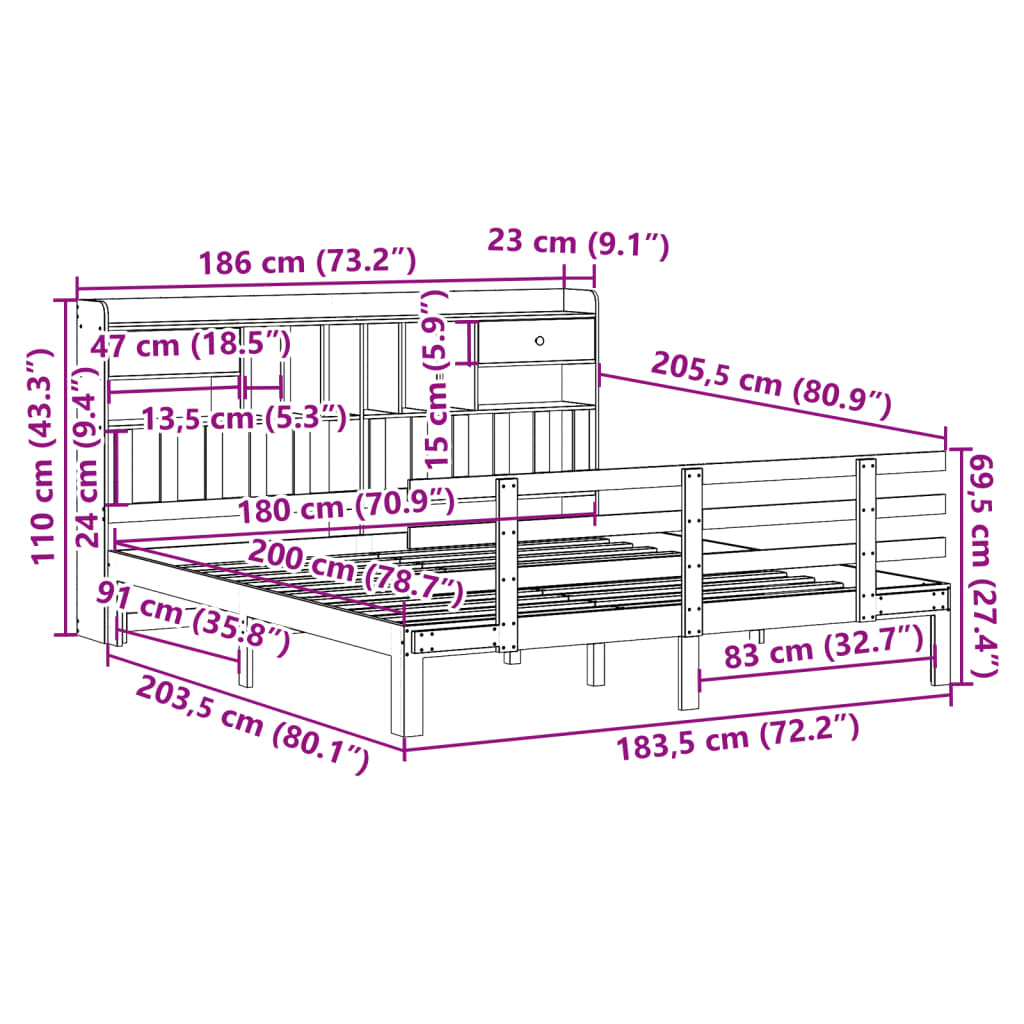 vidaXL Cama con estantería sin colchón madera maciza de pino 180x200cm