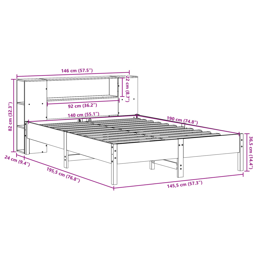 vidaXL Cama con estantería sin colchón madera maciza de pino 140x190cm