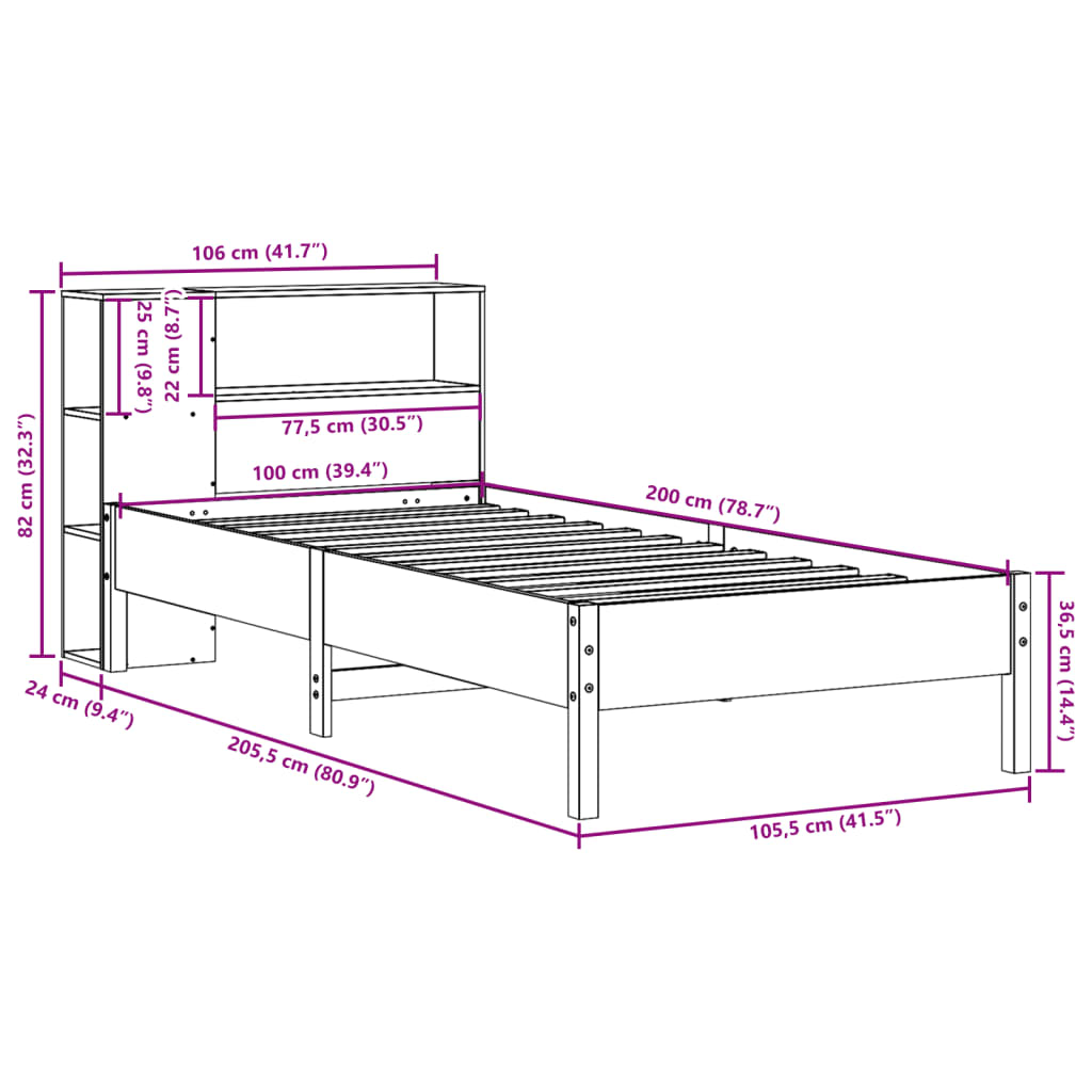 vidaXL Cama con estantería sin colchón madera maciza de pino 100x200cm