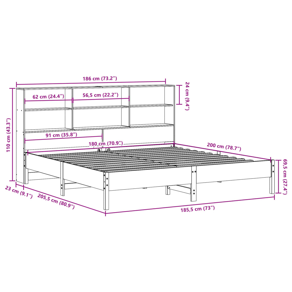 vidaXL Cama con estantería sin colchón madera maciza de pino 180x200cm