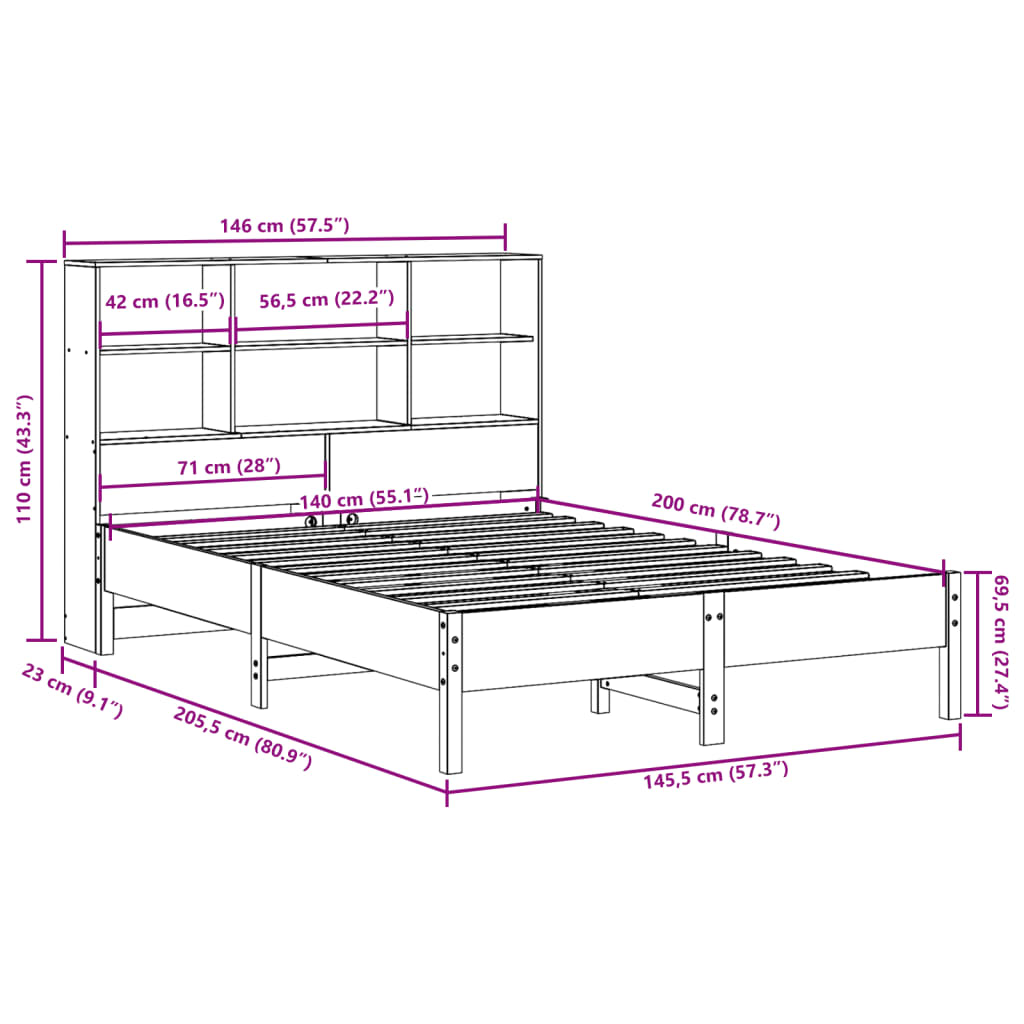 vidaXL Cama con estantería sin colchón madera maciza blanca 140x200 cm