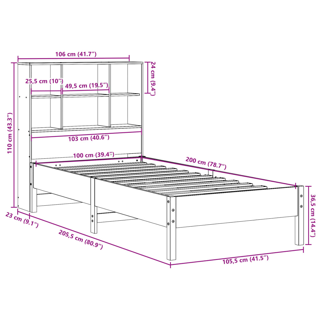 vidaXL Cama con estantería sin colchón madera maciza de pino 100x200cm