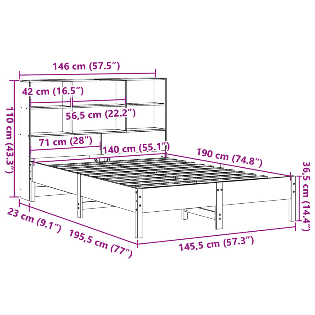 vidaXL Cama con estantería sin colchón madera maciza blanca 140x190 cm