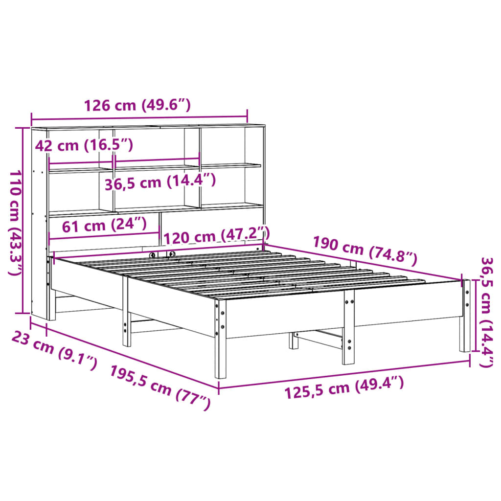 vidaXL Cama con estantería sin colchón madera maciza de pino 120x190cm