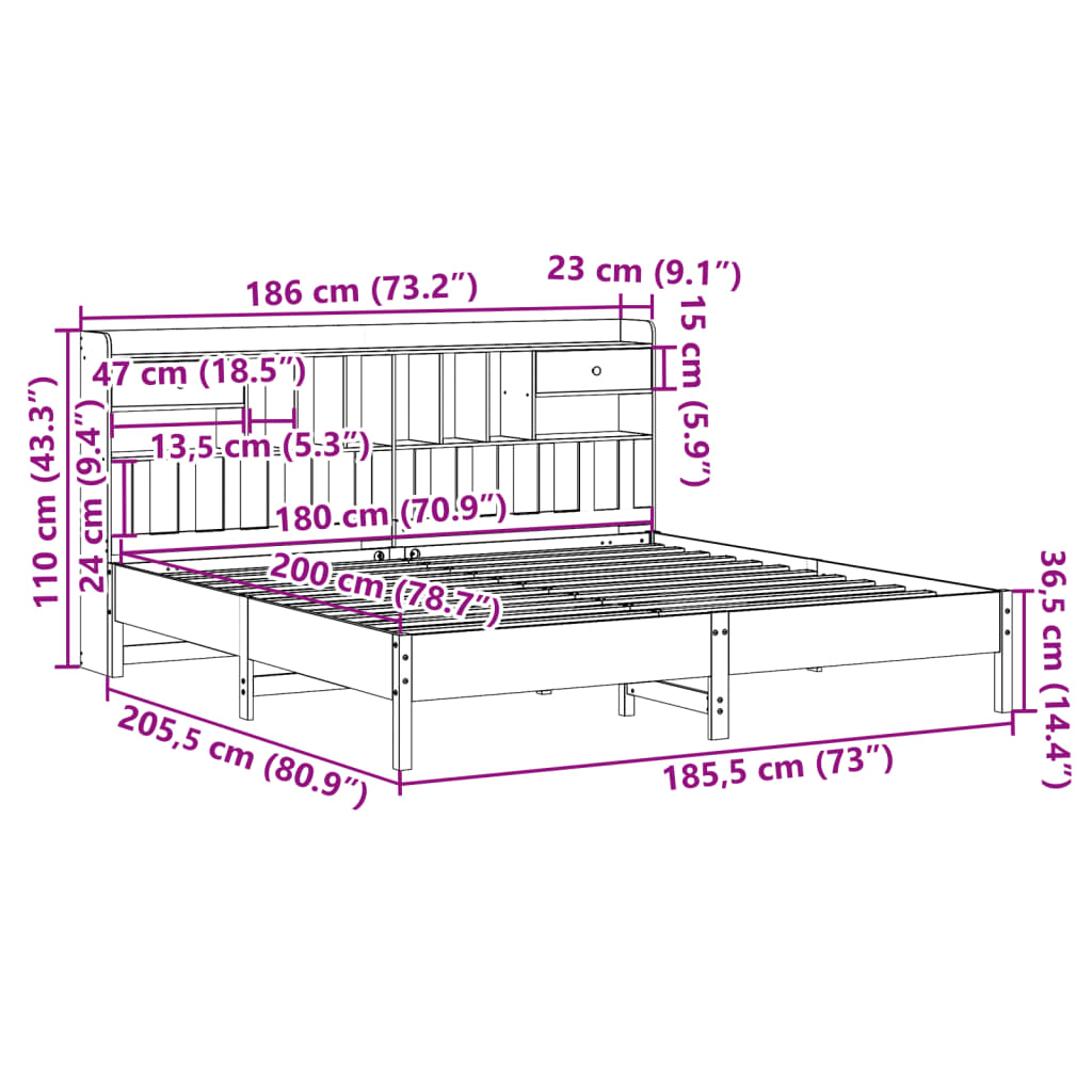 vidaXL Cama con estantería sin colchón madera maciza de pino 180x200cm