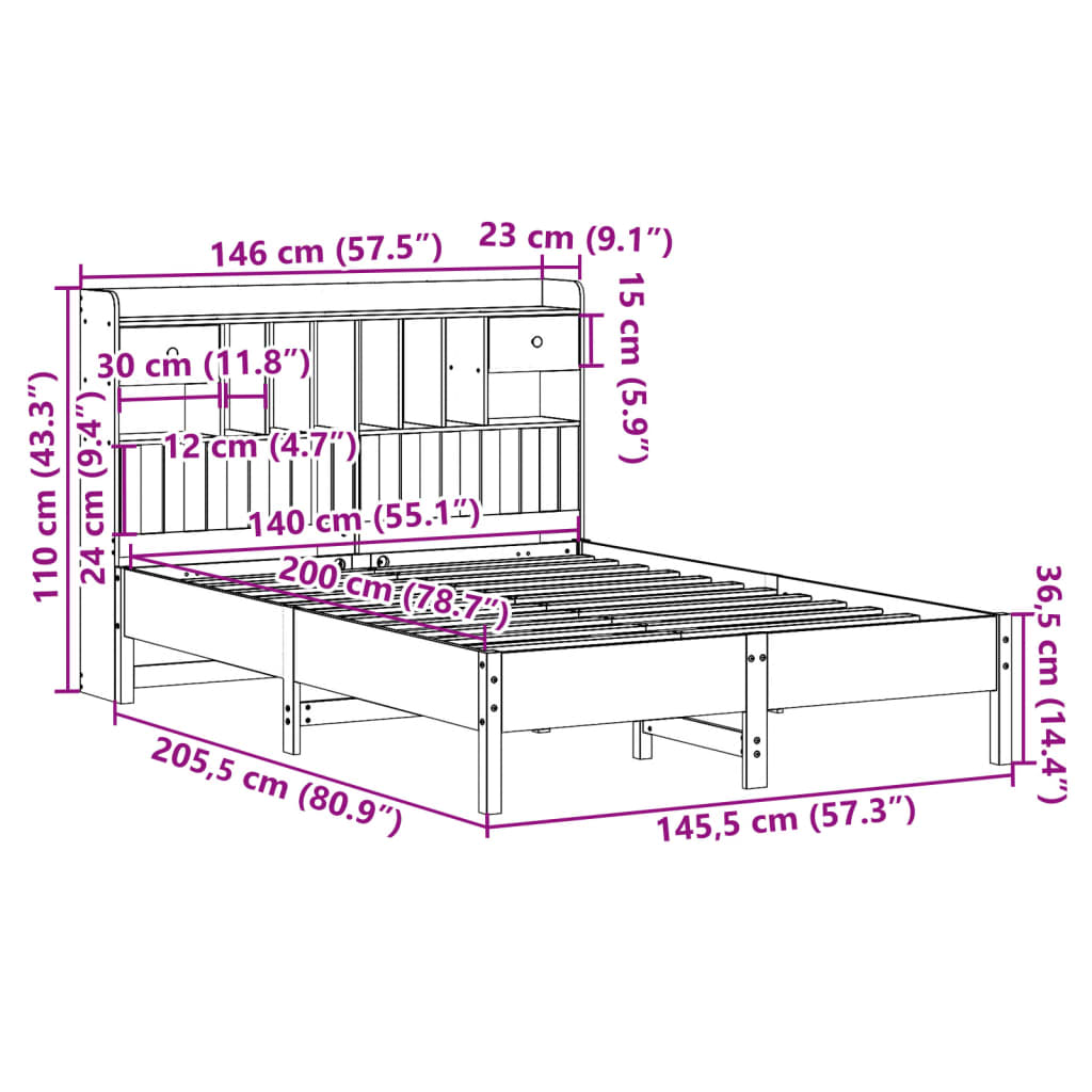 vidaXL Cama con estantería sin colchón madera maciza blanca 140x200 cm