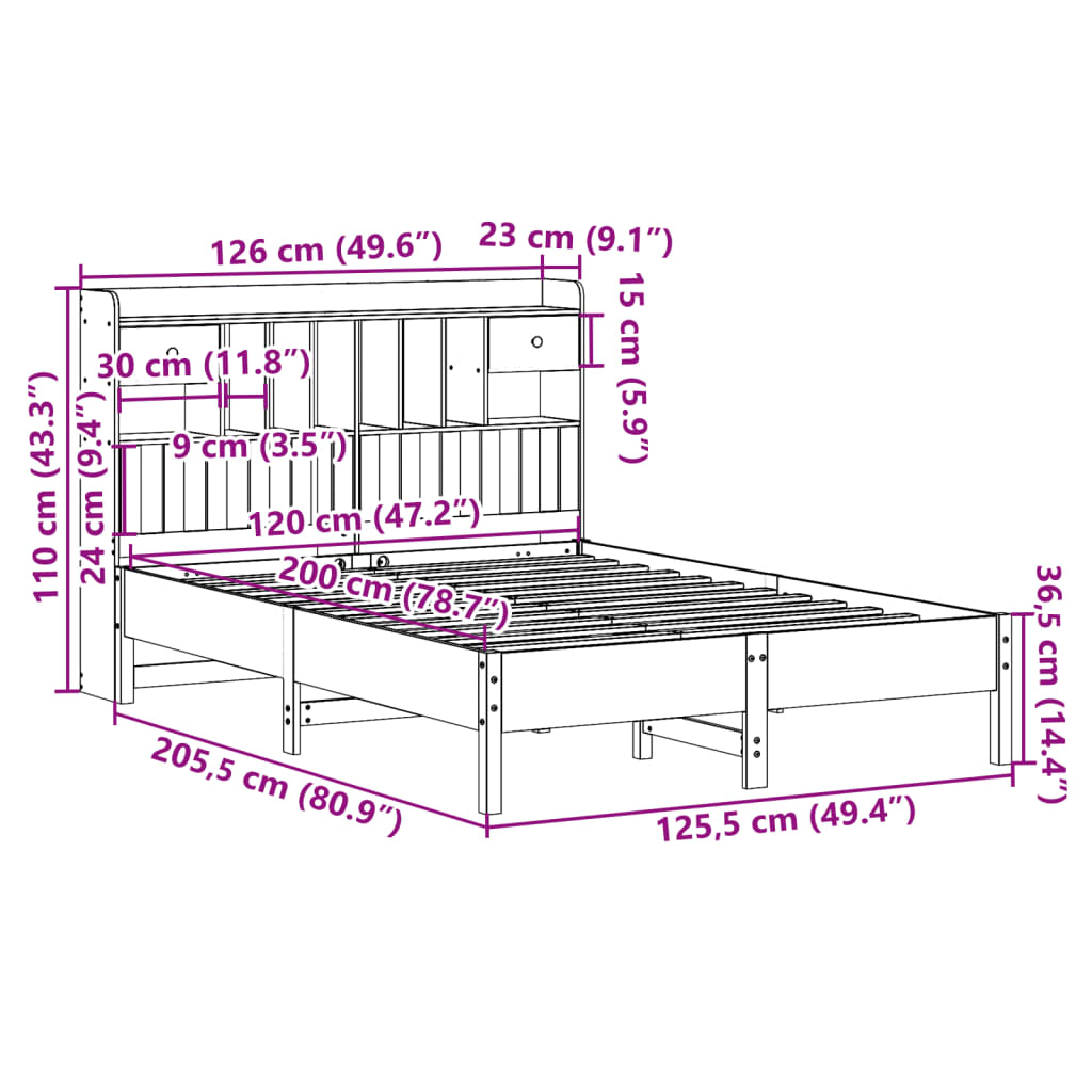 vidaXL Cama con estantería sin colchón madera maciza de pino 120x200cm