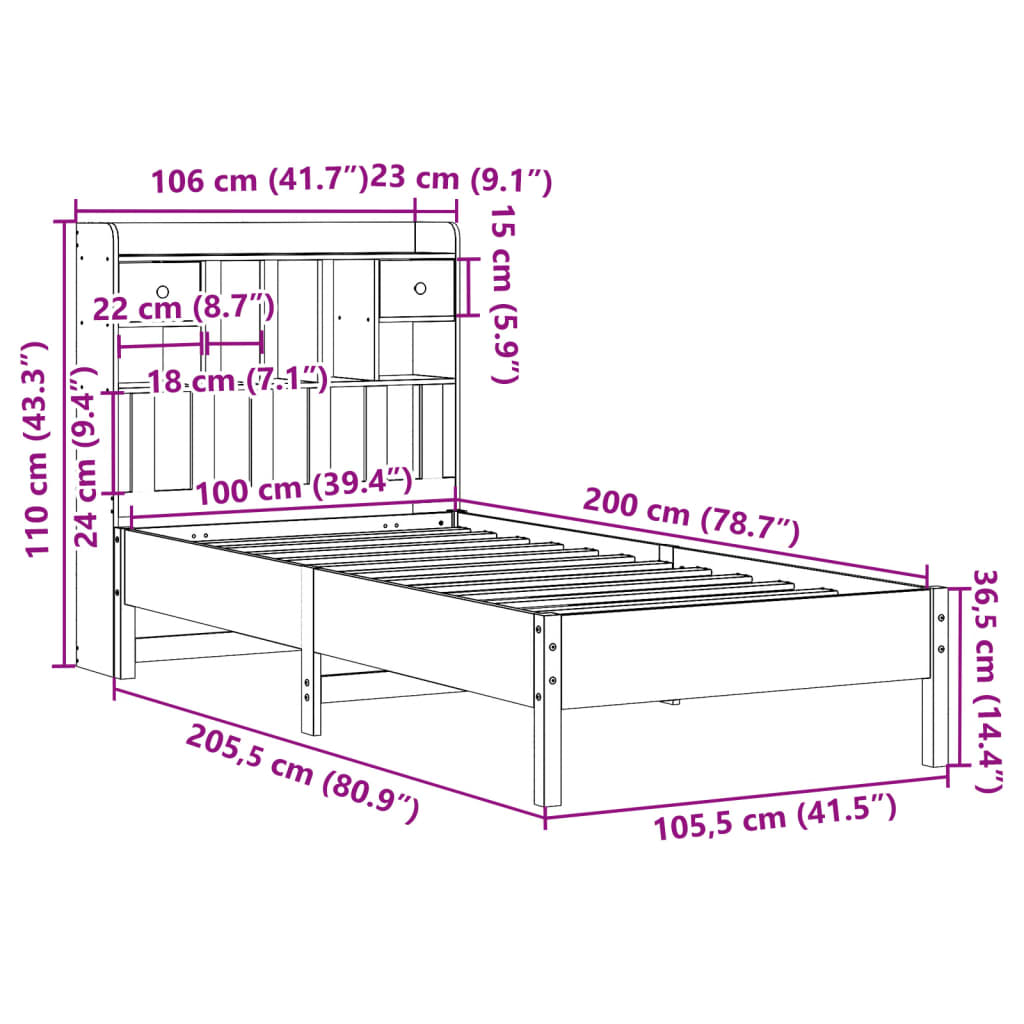 vidaXL Cama con estantería sin colchón madera maciza de pino 100x200cm