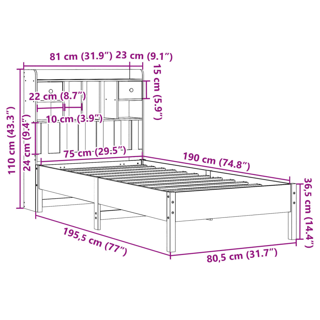 vidaXL Cama con estantería sin colchón madera maciza de pino 75x190 cm