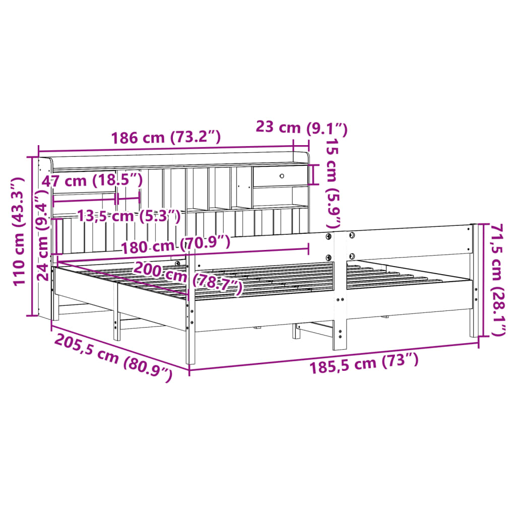 vidaXL Cama con estantería sin colchón madera maciza de pino 180x200cm