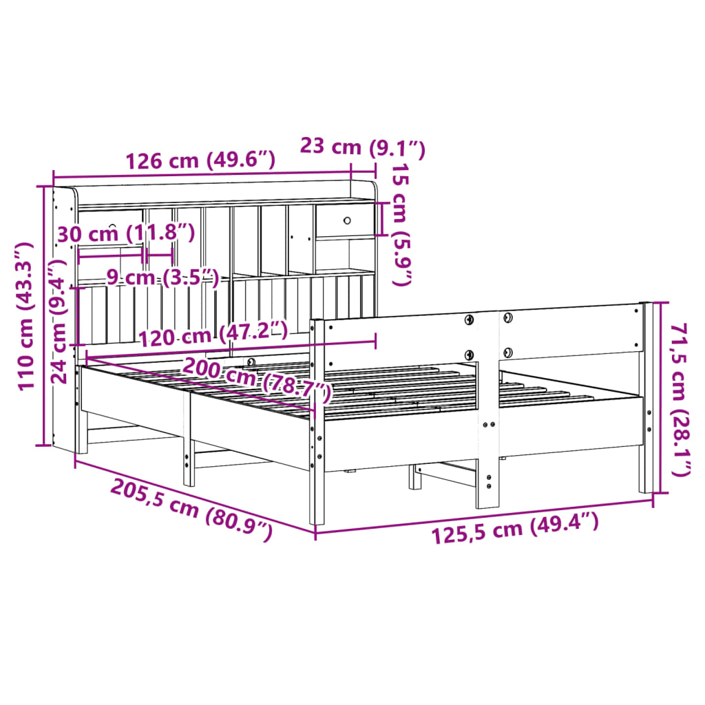 vidaXL Cama con estantería sin colchón madera maciza de pino 120x200cm