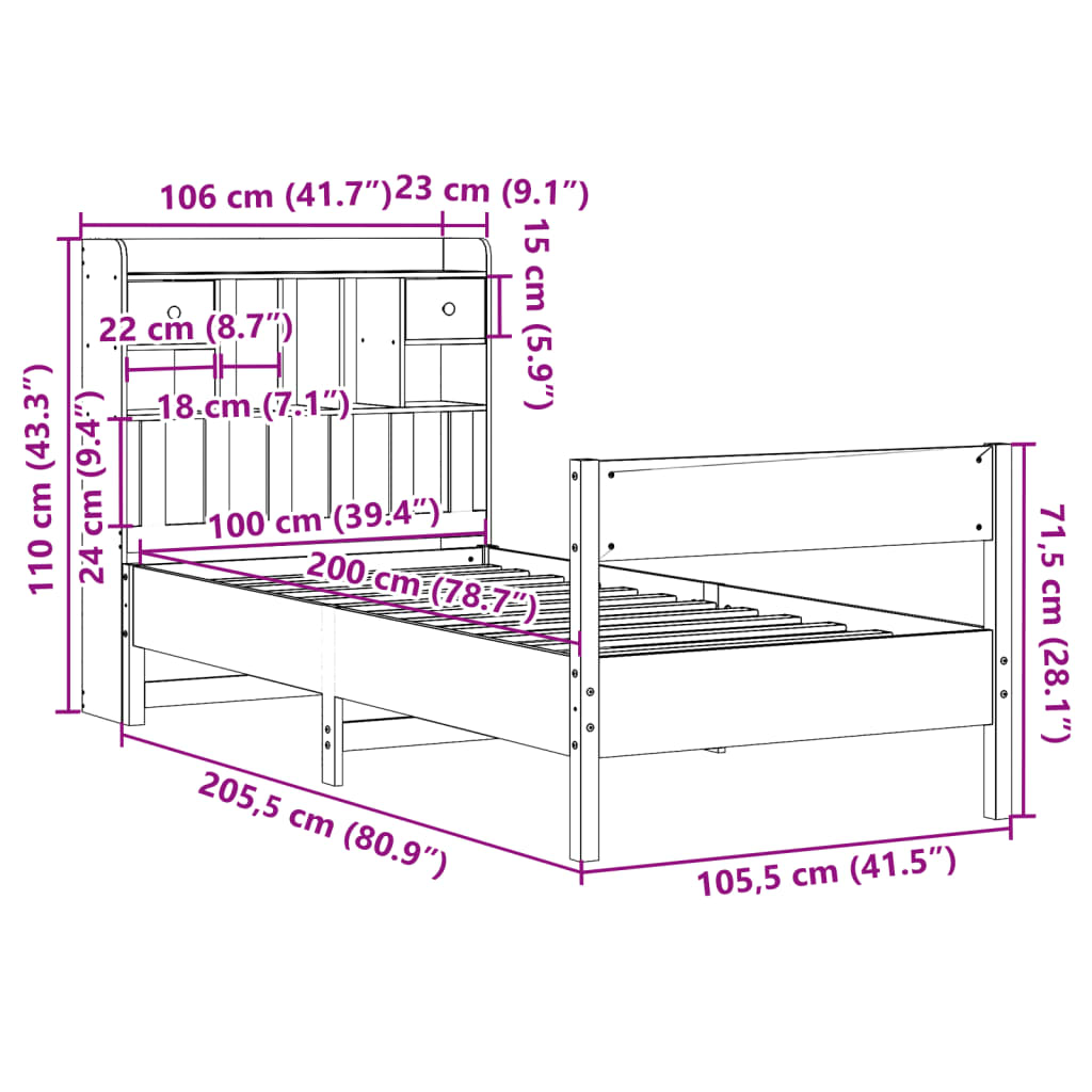 vidaXL Cama con estantería sin colchón madera maciza de pino 100x200cm