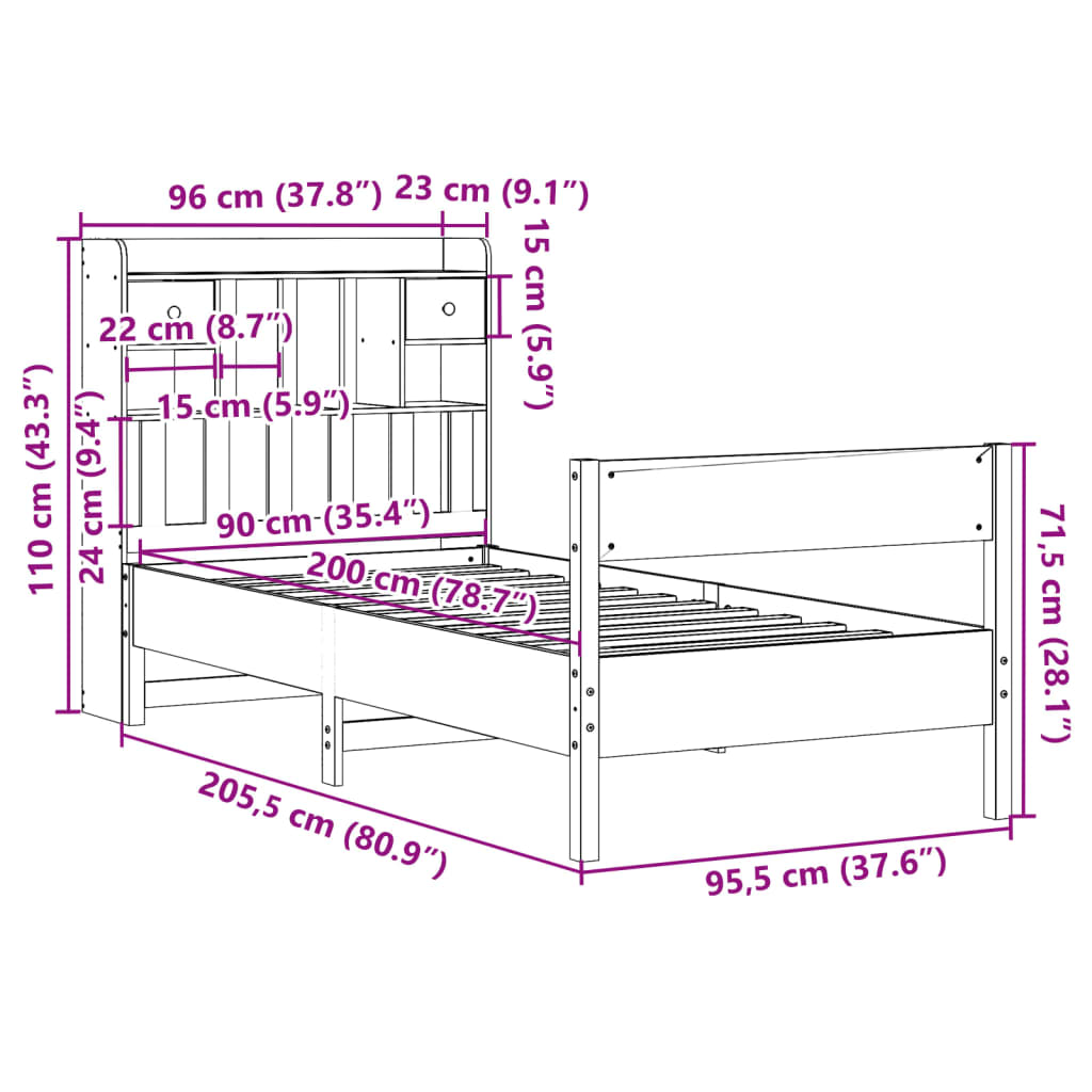 vidaXL Cama con estantería sin colchón madera maciza de pino 90x200 cm