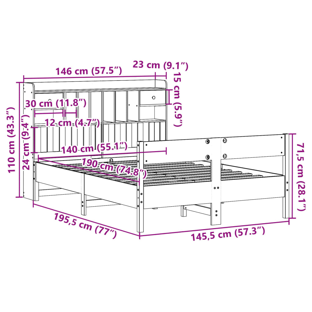 vidaXL Cama con estantería sin colchón madera maciza de pino 140x190cm