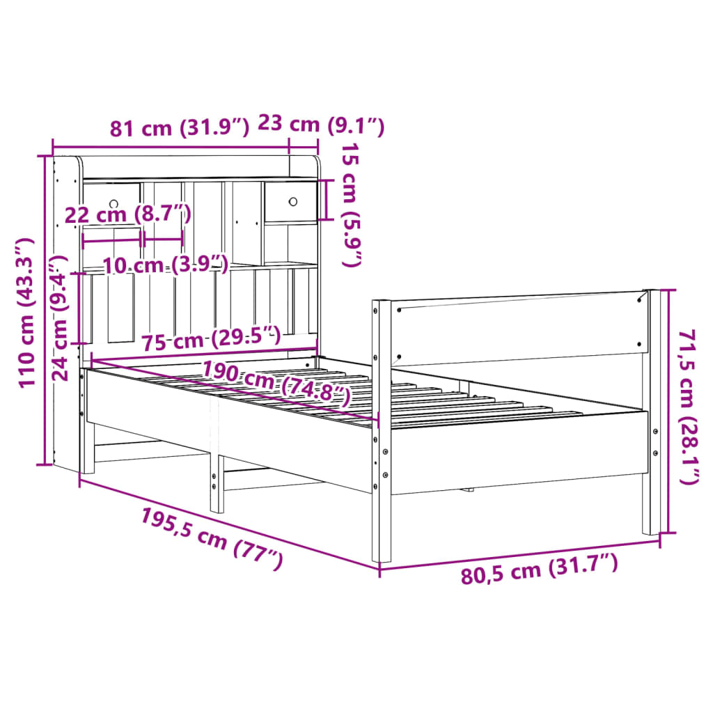 vidaXL Cama con estantería sin colchón madera maciza de pino 75x190 cm