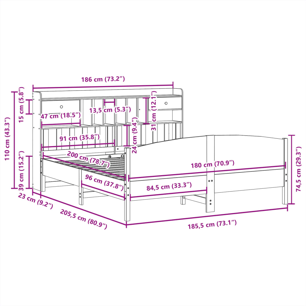 vidaXL Cama con estantería sin colchón madera maciza de pino 180x200cm