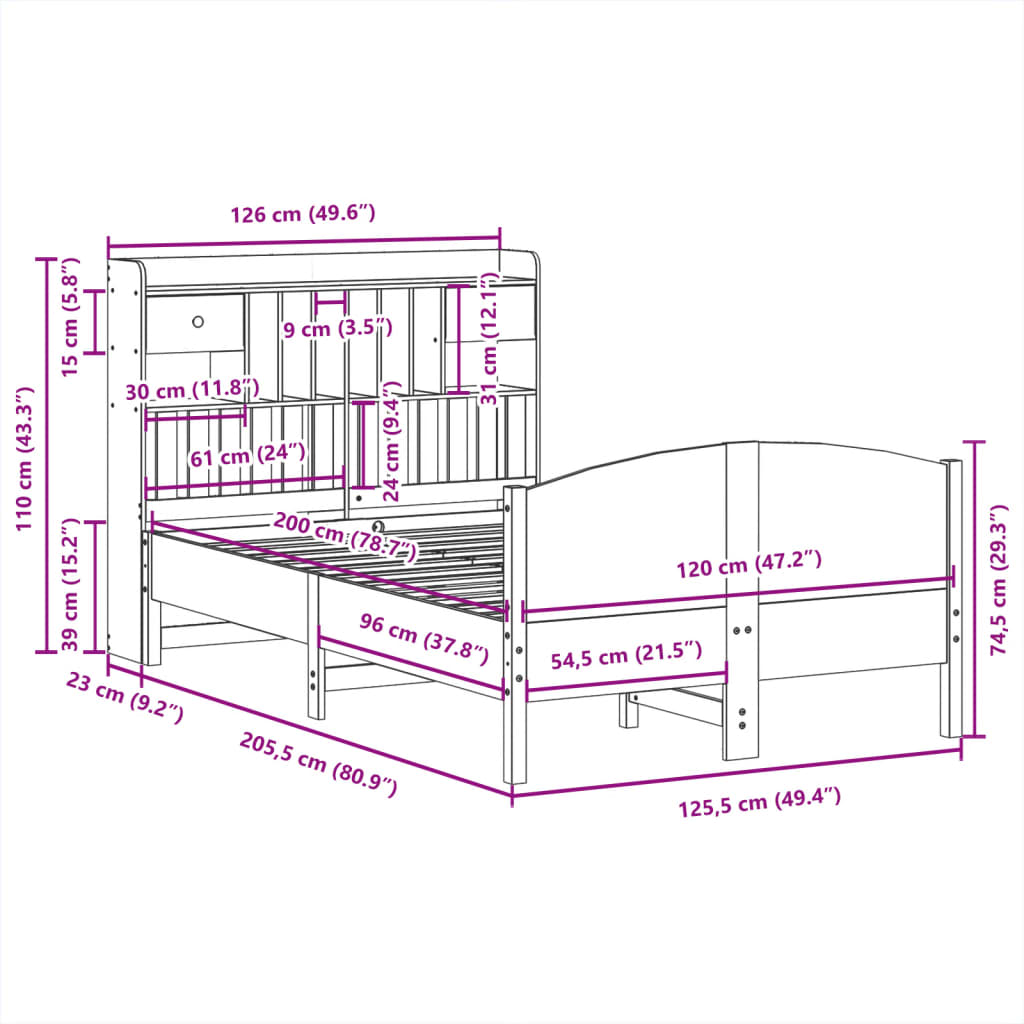 vidaXL Cama con estantería sin colchón madera maciza de pino 120x200cm