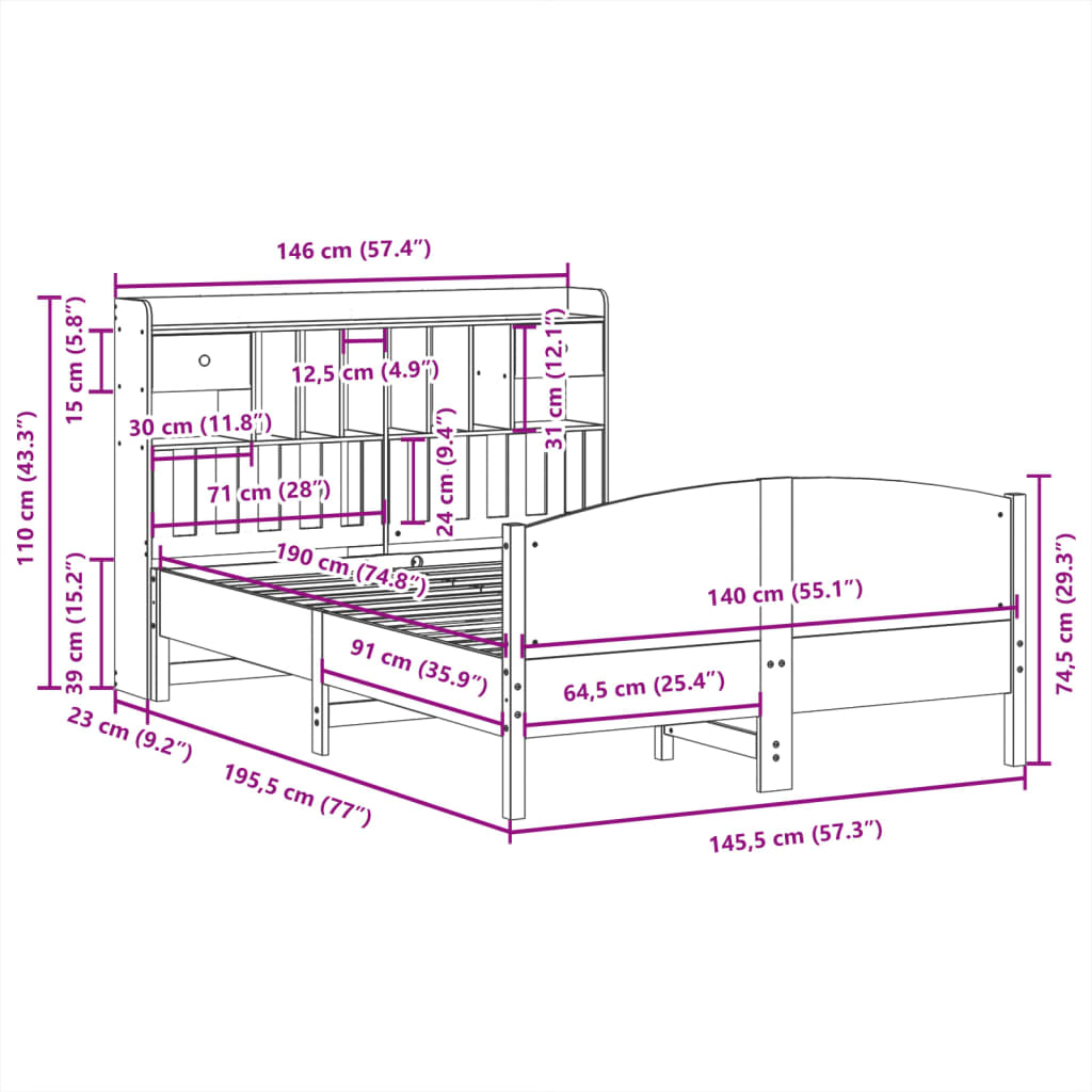 vidaXL Cama con estantería sin colchón madera maciza de pino 140x190cm