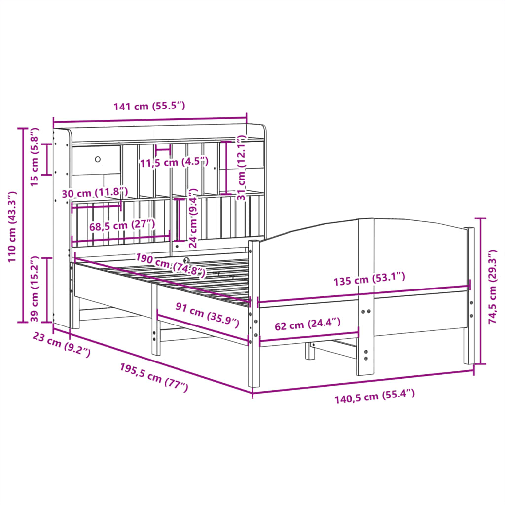 vidaXL Cama con estantería sin colchón madera maciza de pino 135x190cm