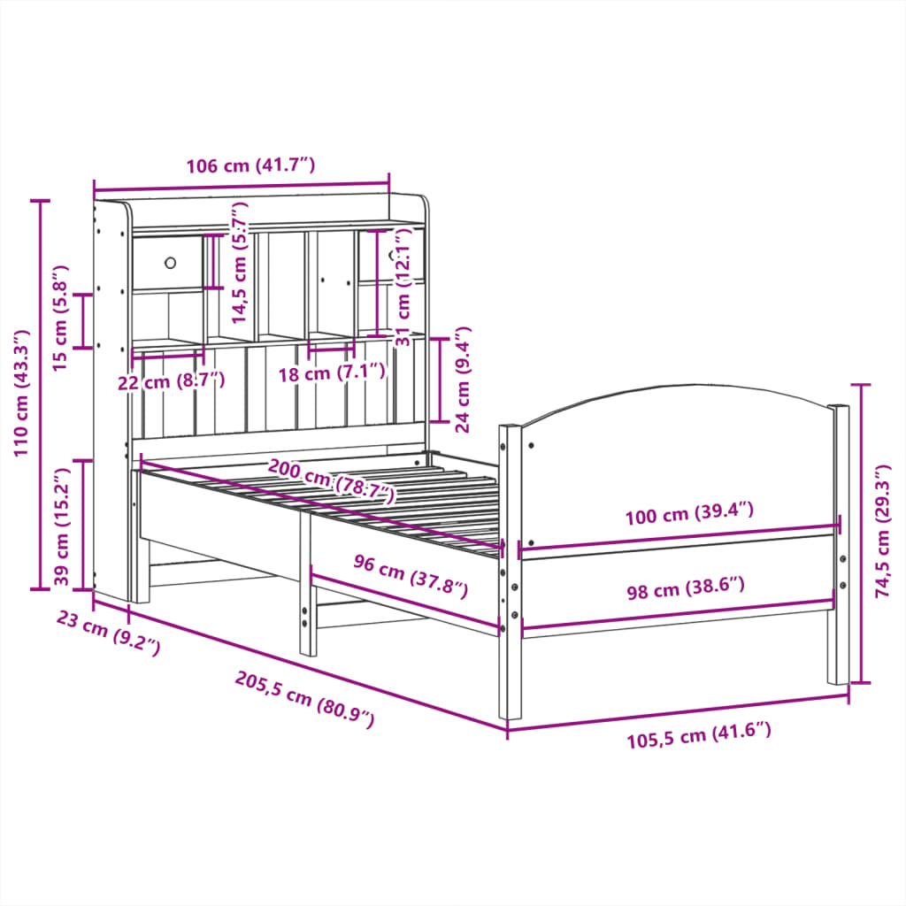 vidaXL Cama con estantería sin colchón madera maciza de pino 100x200cm