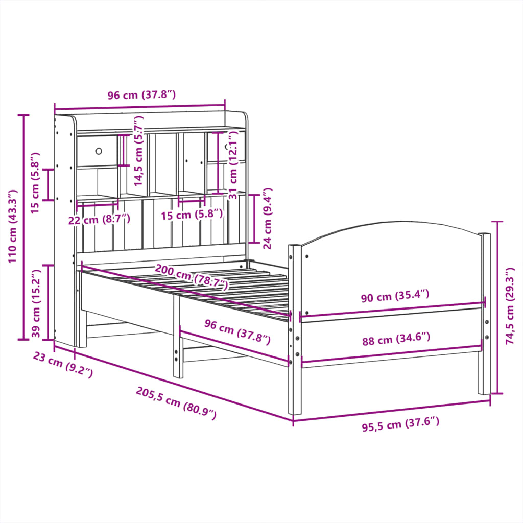 vidaXL Cama con estantería sin colchón madera maciza de pino 90x200 cm