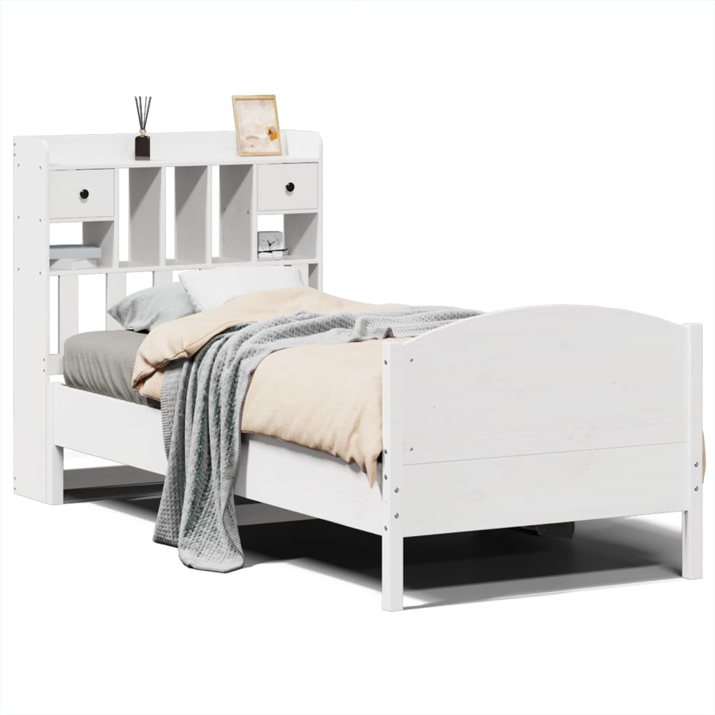 vidaXL Cama con estantería sin colchón madera maciza blanca 75x190 cm