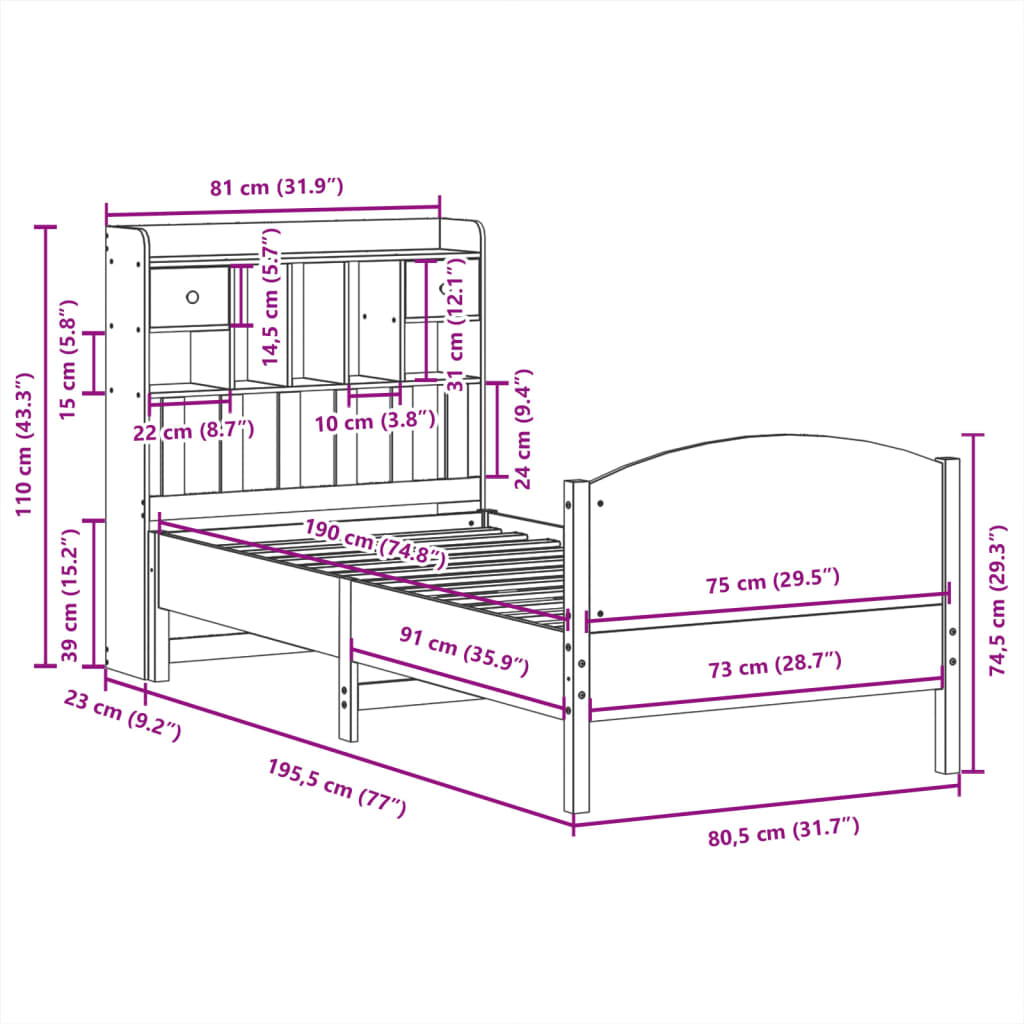 vidaXL Cama con estantería sin colchón madera maciza blanca 75x190 cm