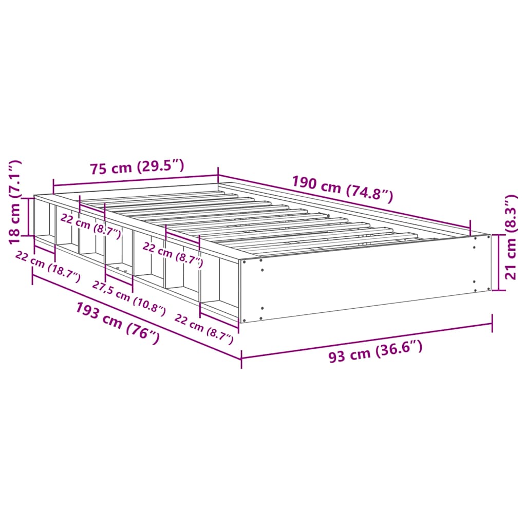 vidaXL Estructura de cama sin colchón 75x190 cm madera maciza roble