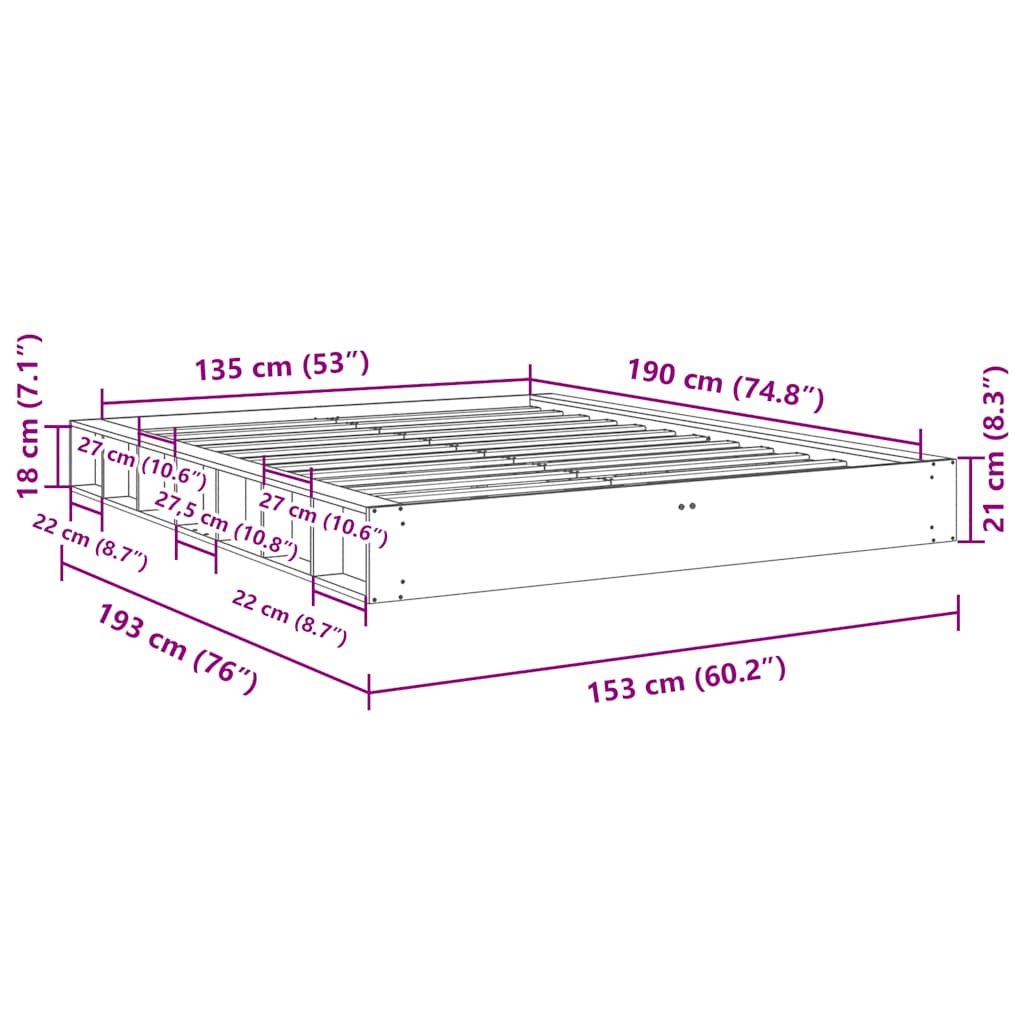 vidaXL Estructura de cama sin colchón 135x190 cm madera maciza roble