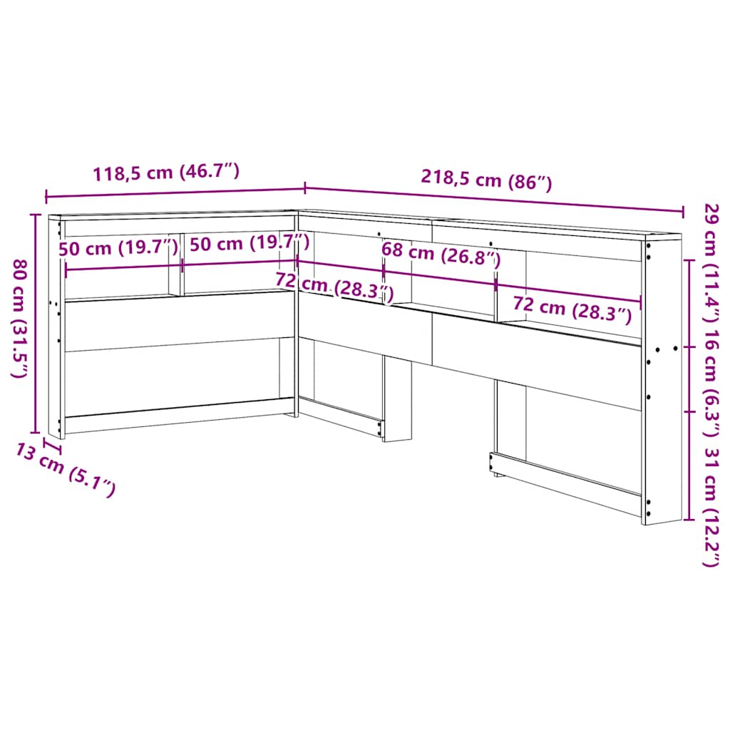 vidaXL Cabecero librería en forma de L madera maciza pino blanco 100cm