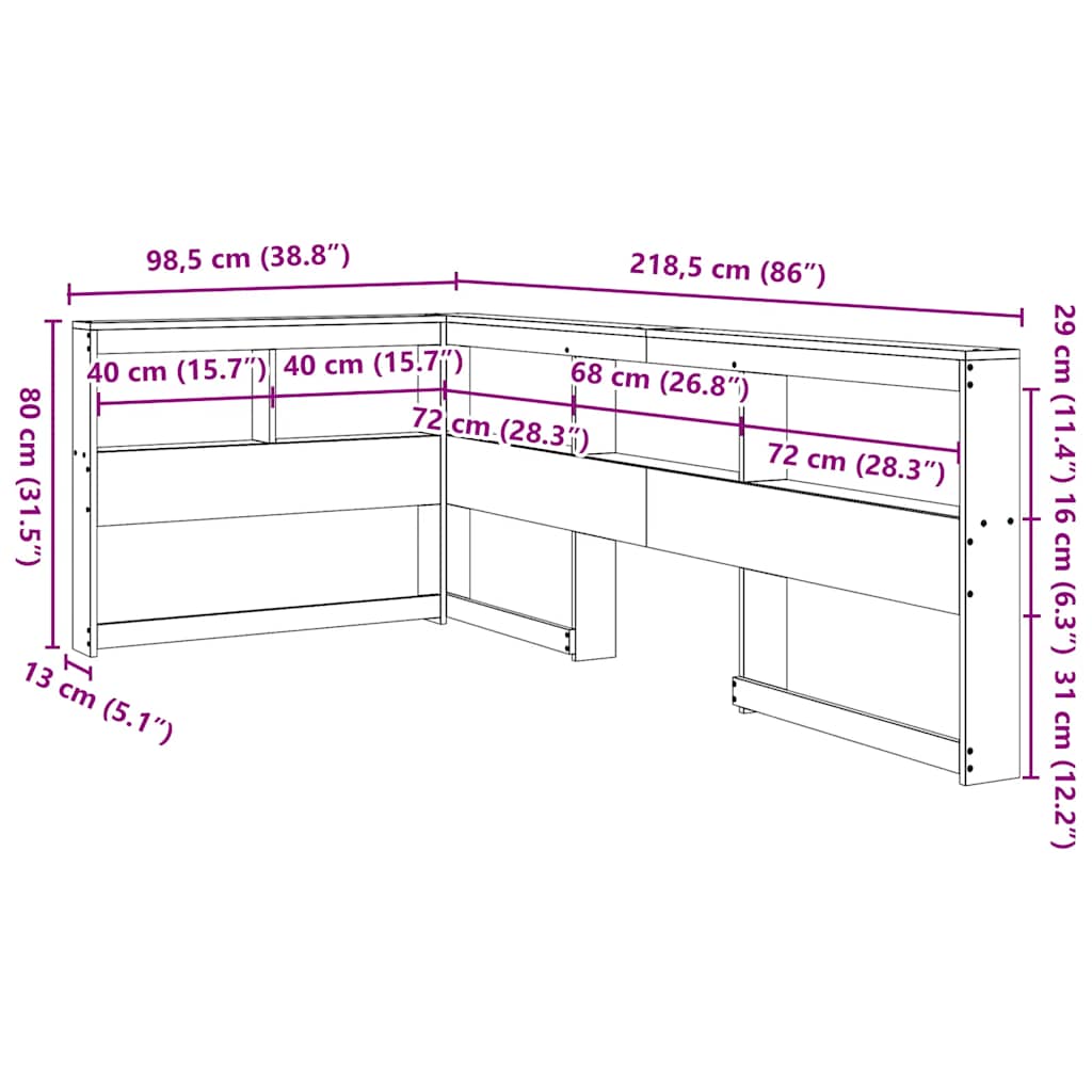 vidaXL Cabecero librería en forma de L madera maciza de pino 80 cm