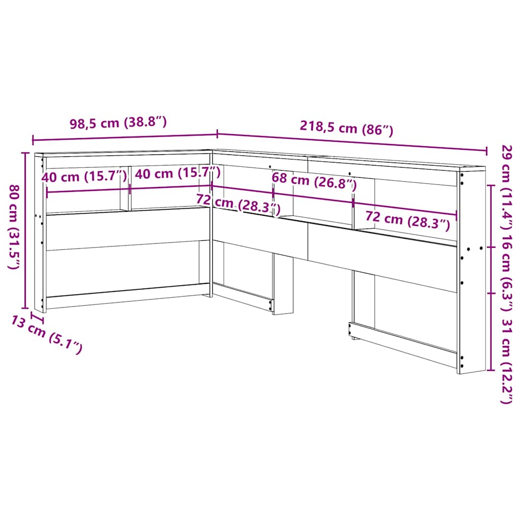 vidaXL Cabecero librería en forma L madera maciza pino blanco 80 cm