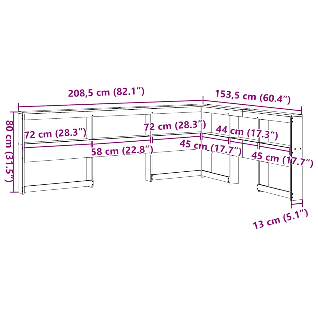 vidaXL Cabecero librería en forma L madera maciza pino blanco 135 cm