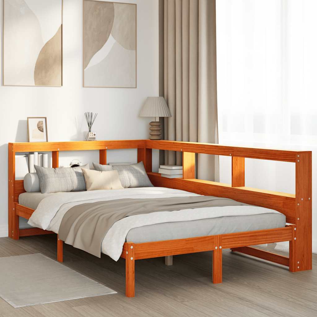 vidaXL Cama con estantería sin colchón madera maciza marrón 135x190cm