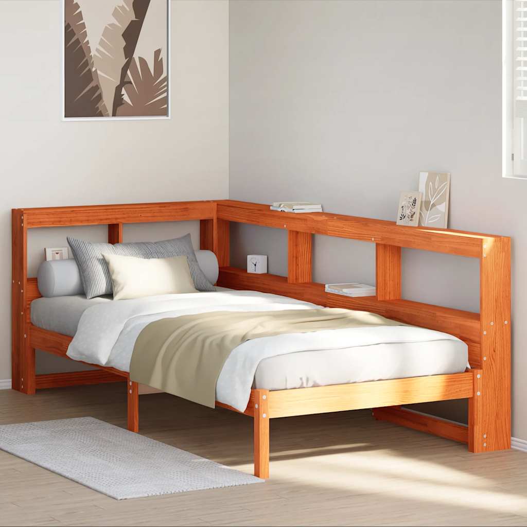 vidaXL Cama con estantería sin colchón madera maciza marrón 90x190 cm