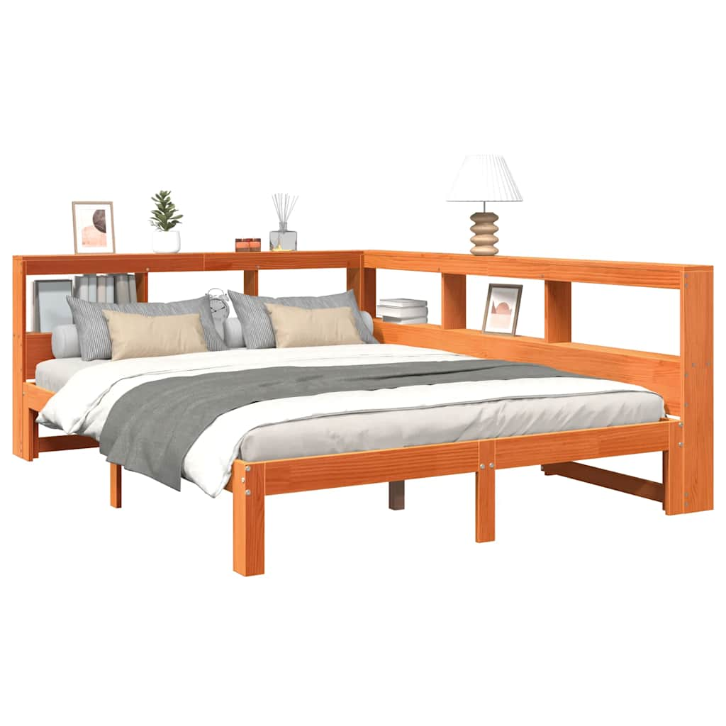 vidaXL Cama con estantería sin colchón madera maciza marrón 140x190 cm