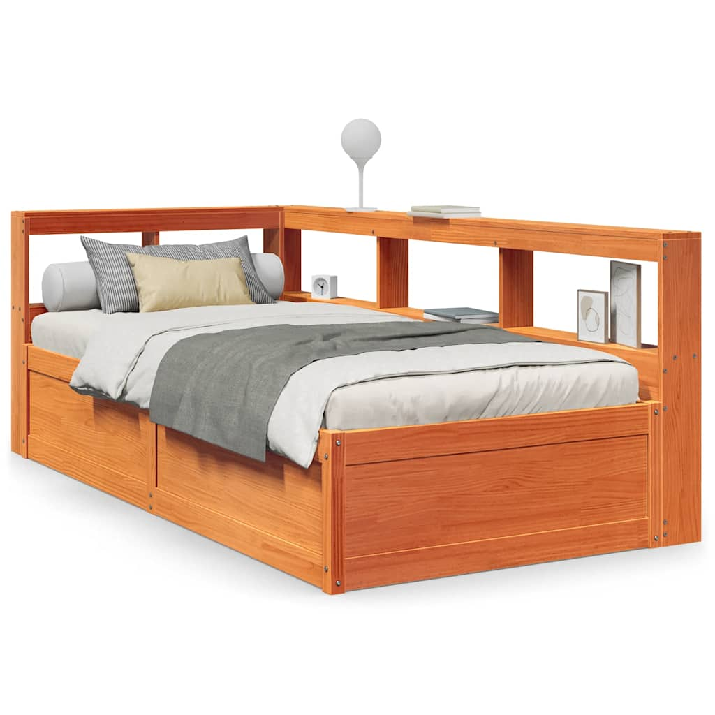 vidaXL Cama con estantería sin colchón madera maciza marrón 90x190 cm