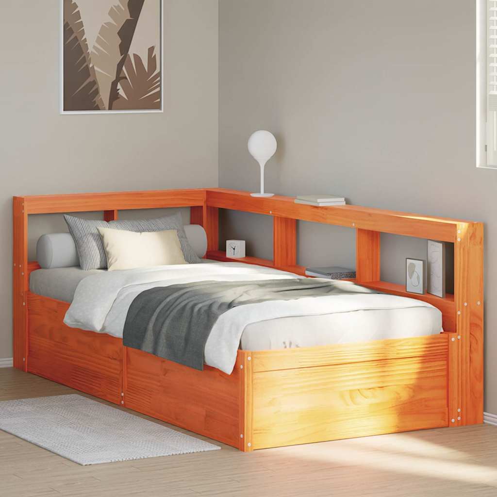 vidaXL Cama con estantería sin colchón madera maciza marrón 90x190 cm