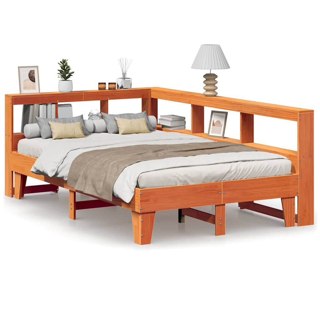 vidaXL Cama con estantería sin colchón madera maciza marrón 140x190 cm