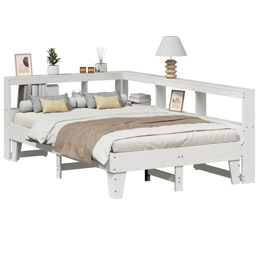 vidaXL Cama con estantería sin colchón madera maciza blanca 135x190 cm