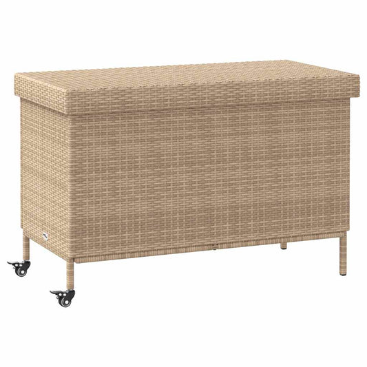 vidaXL Baúl de jardín con ruedas ratán sintético beige 110x55x73 cm