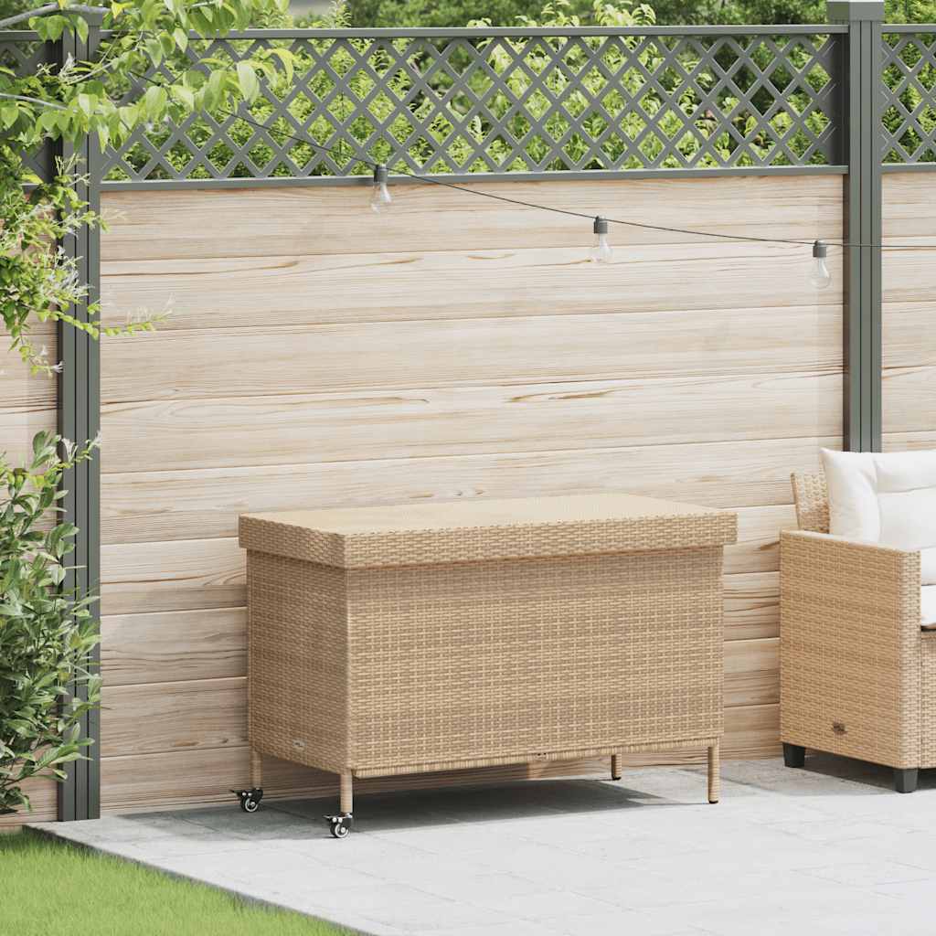 vidaXL Baúl de jardín con ruedas ratán sintético beige 110x55x73 cm