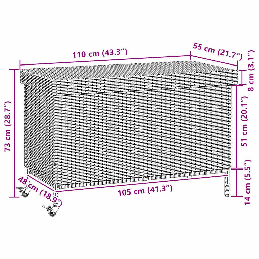 vidaXL Baúl de jardín con ruedas ratán sintético beige 110x55x73 cm