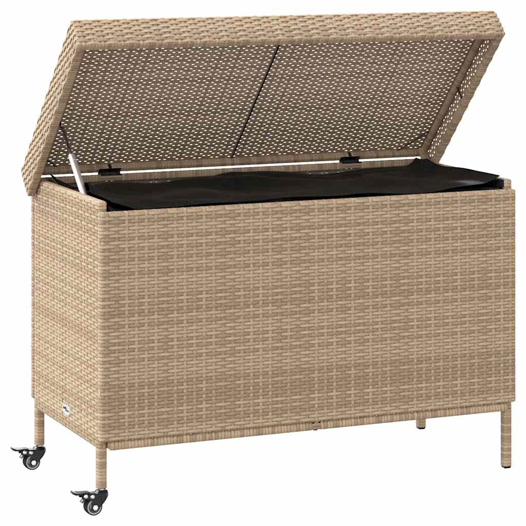 vidaXL Baúl de jardín con ruedas ratán sintético beige 110x55x73 cm