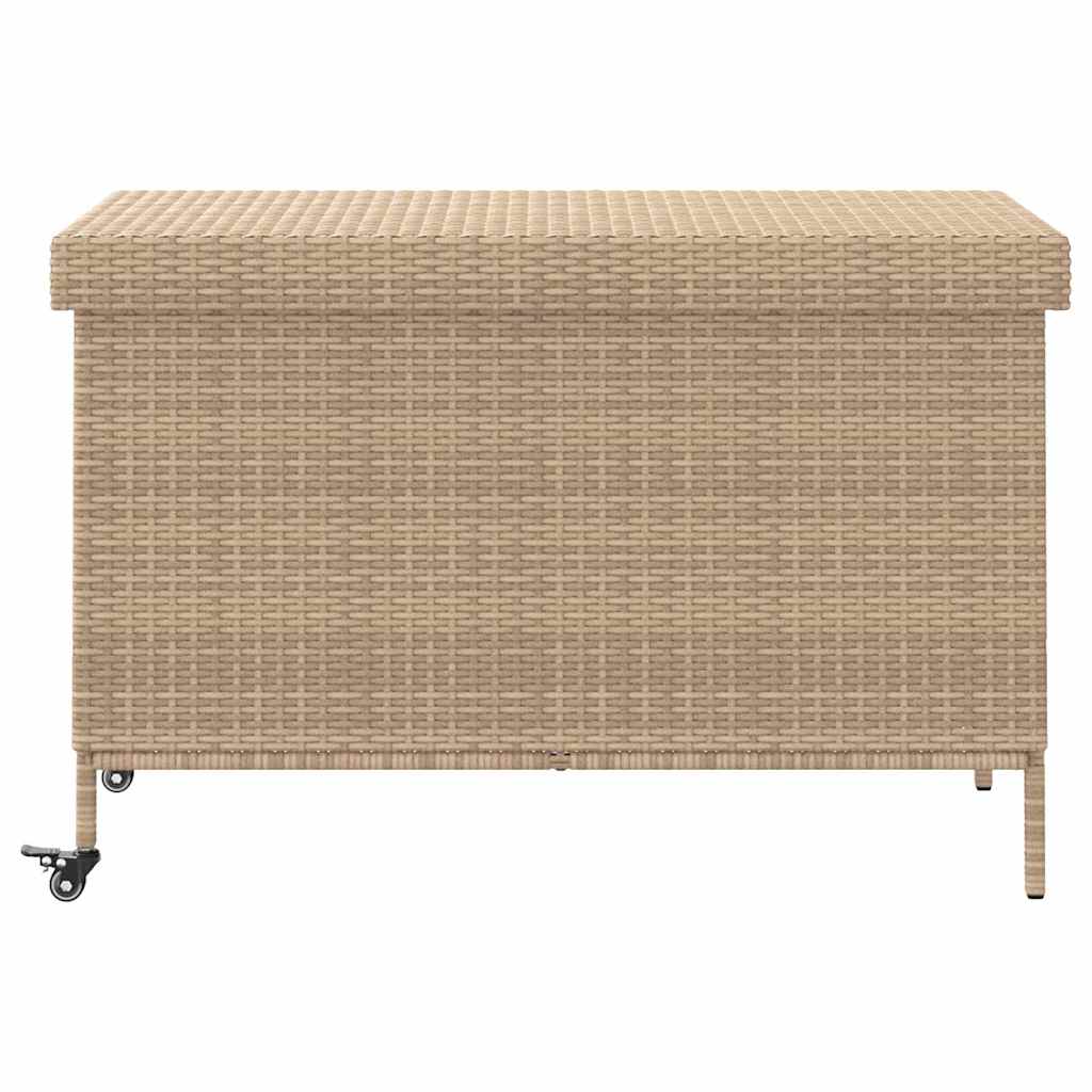 vidaXL Baúl de jardín con ruedas ratán sintético beige 110x55x73 cm